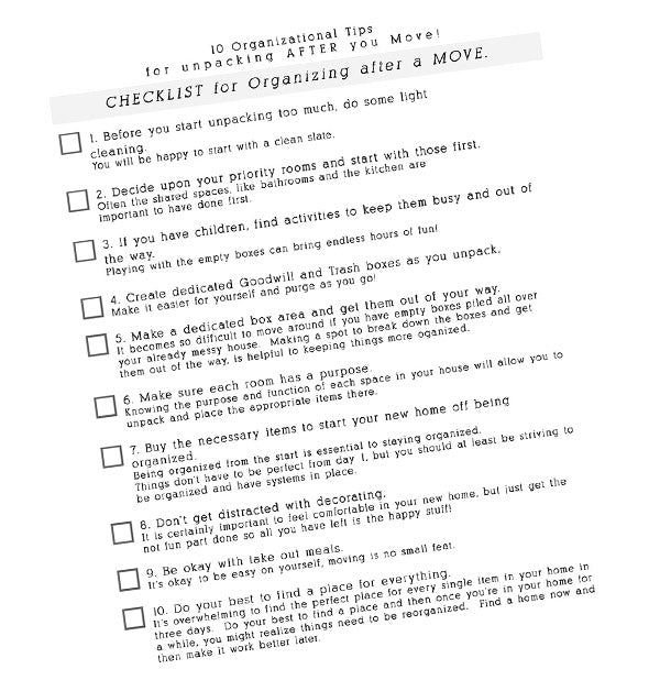 Organizational Tips PDF checklist for after you move